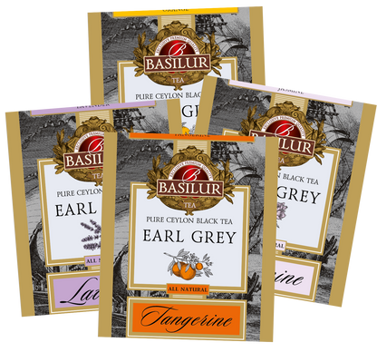 Saszetki herbat Basilur Earl Grey o smakach Lavender, Orange, Tangerine i Jasmine.