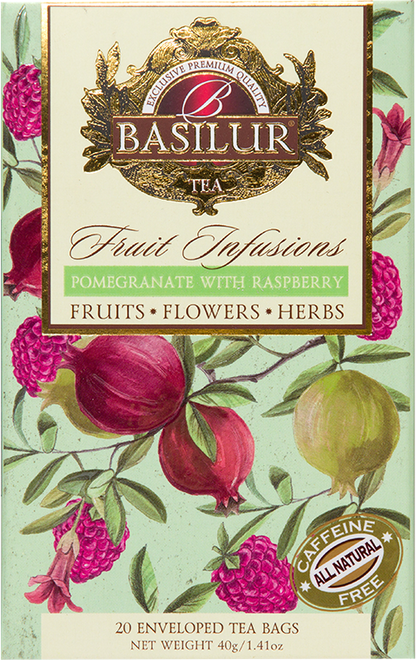 Opakowanie herbaty Basilur Pomegranate With Raspberry z owocami granatu i malin – naturalna herbata owocowa bez kofeiny.