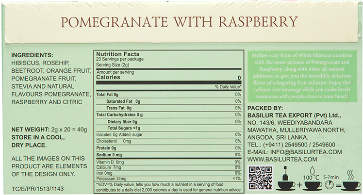 Skład i wartości odżywcze herbaty Basilur Pomegranate With Raspberry – napar z hibiskusa, róży i granatu.