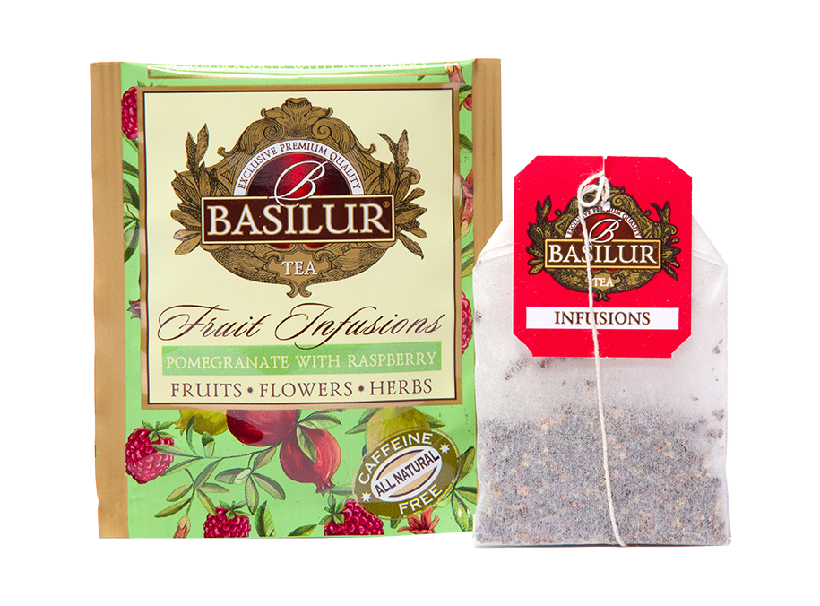 Saszetka i torebka herbaty Basilur Pomegranate With Raspberry – owocowy napar z maliną i granatem.