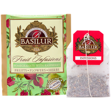 Saszetka i torebka herbaty Basilur Pomegranate With Raspberry – owocowy napar z maliną i granatem.