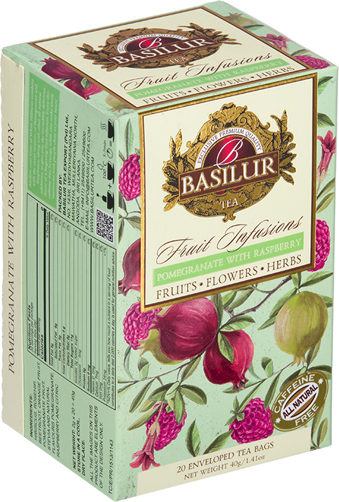 Bok opakowania Basilur Pomegranate With Raspberry – elegancka herbata z owoców i kwiatów.