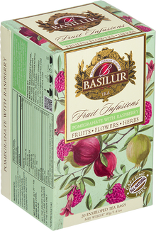 Bok opakowania Basilur Pomegranate With Raspberry – elegancka herbata z owoców i kwiatów.