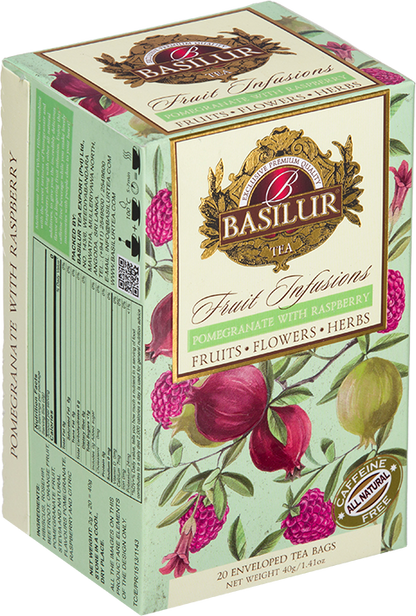 Bok opakowania Basilur Pomegranate With Raspberry – elegancka herbata z owoców i kwiatów.