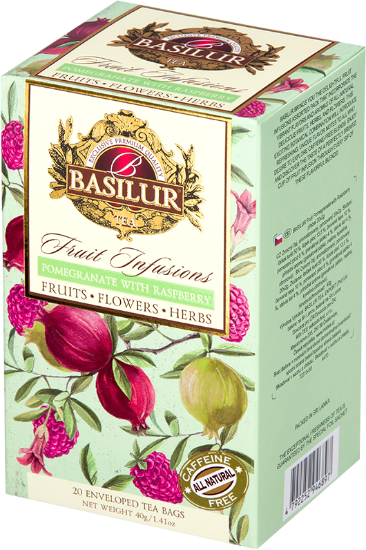 Front opakowania Basilur Pomegranate With Raspberry – aromatyczna herbata z maliną i granatem Basilur Fruit Infusions.