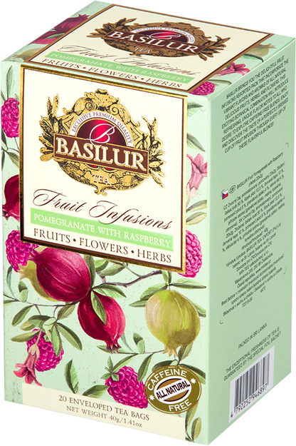 Front opakowania Basilur Pomegranate With Raspberry – aromatyczna herbata z maliną i granatem Basilur Fruit Infusions.