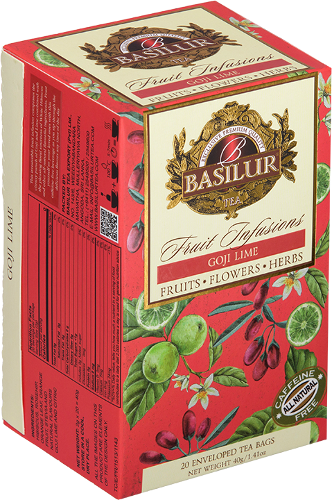 Opakowanie herbaty Basilur Goji Lime – owocowy napar z jagodami goji i limonką, bez kofeiny.