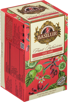 Opakowanie herbaty Basilur Goji Lime – owocowy napar z jagodami goji i limonką, bez kofeiny.