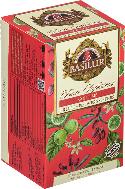 Opakowanie herbaty Basilur Goji Lime – owocowy napar z jagodami goji i limonką, bez kofeiny.