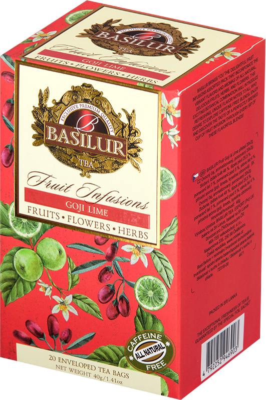 Bok opakowania Basilur Goji Lime z opisem i składem herbaty owocowo-ziołowej.