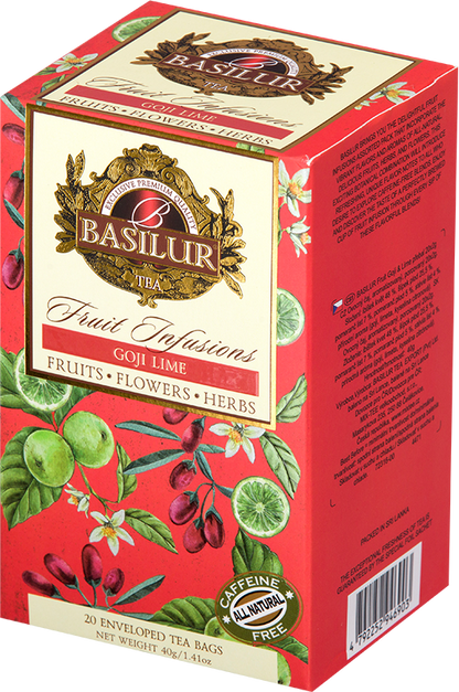 Bok opakowania Basilur Goji Lime z opisem i składem herbaty owocowo-ziołowej.