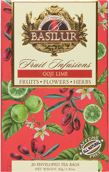 Front opakowania herbaty Basilur Goji Lime – aromatyczna herbata owocowa z cytrusową nutą.