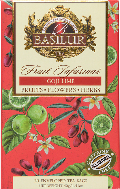 Front opakowania herbaty Basilur Goji Lime – aromatyczna herbata owocowa z cytrusową nutą.
