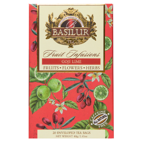 Front opakowania herbaty Basilur Goji Lime – aromatyczna herbata owocowa z cytrusową nutą.