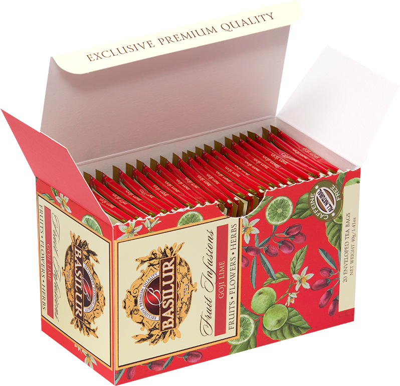 Otwarta herbata Basilur Goji Lime z widocznymi czerwonymi kopertkami herbat.