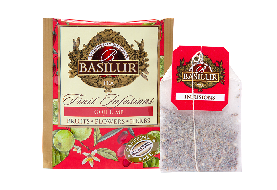 Saszetka i torebka herbaty Basilur Goji Lime – naturalna herbata owocowa z jagodami goji i limonką.