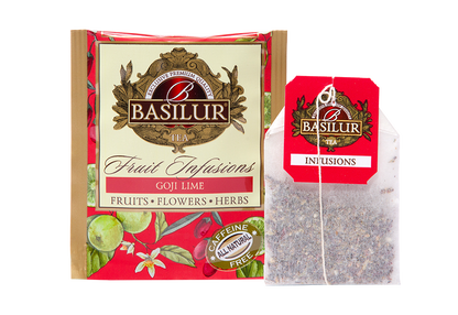 Saszetka i torebka herbaty Basilur Goji Lime – naturalna herbata owocowa z jagodami goji i limonką.