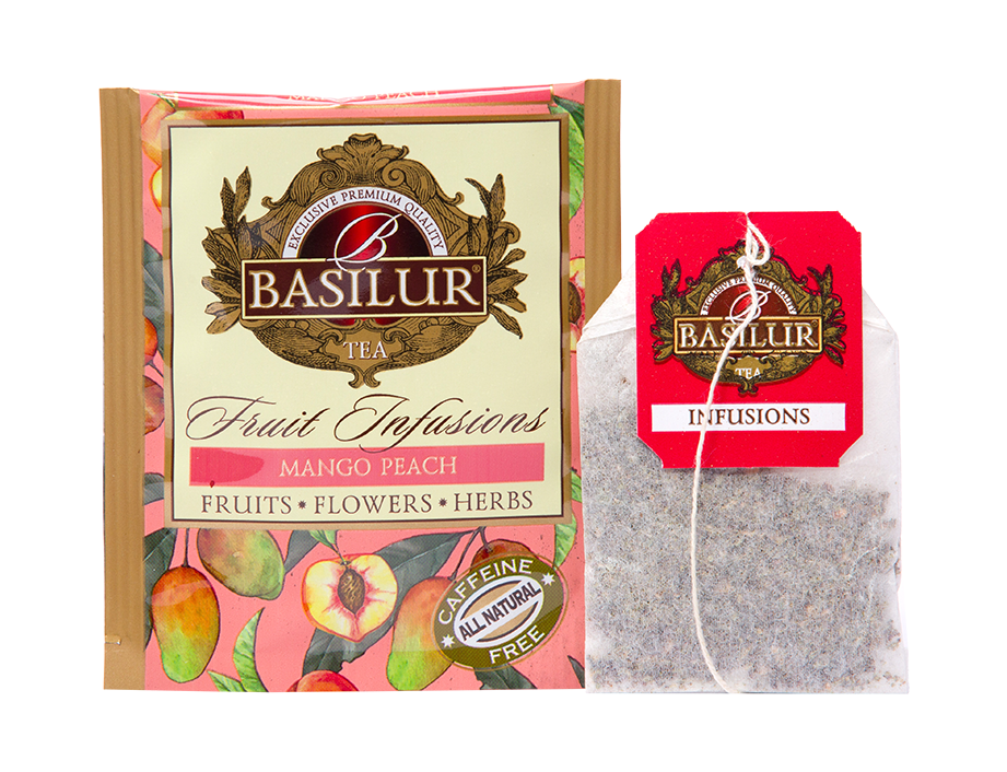 Saszetka i torebka herbaty Basilur Mango Peach – aromatyczna herbata z mango i brzoskwinią.