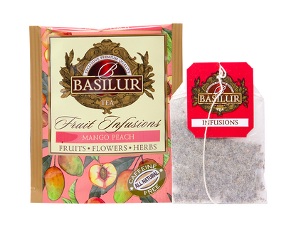 Saszetka i torebka herbaty Basilur Mango Peach – aromatyczna herbata z mango i brzoskwinią.