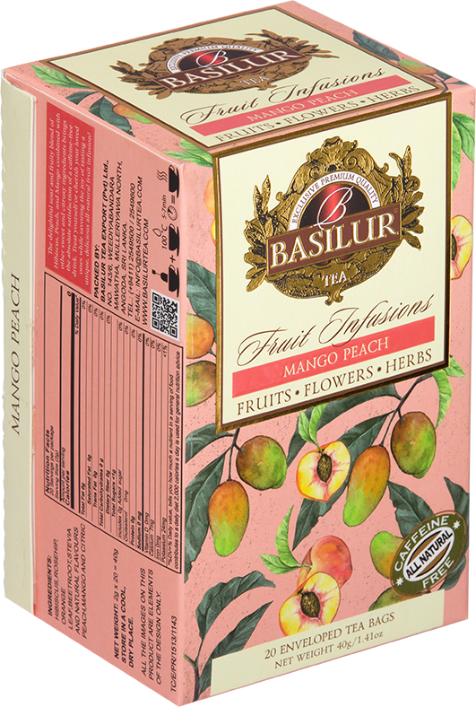 Bok opakowania herbaty Basilur Mango Peach z opisem i składem.
