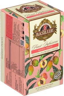 Bok opakowania herbaty Basilur Mango Peach z opisem i składem.
