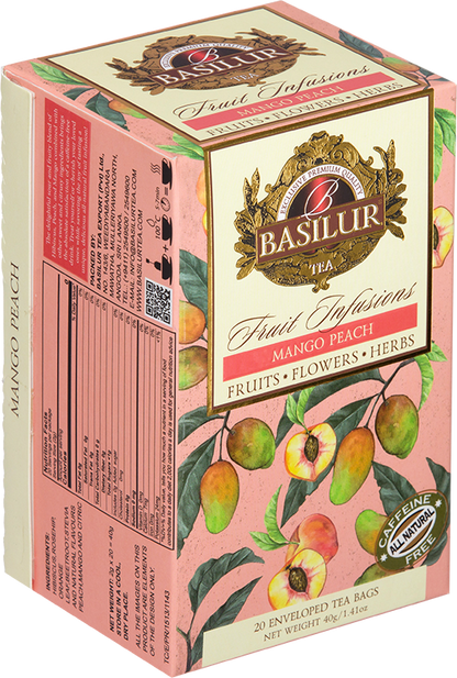 Bok opakowania herbaty Basilur Mango Peach z opisem i składem.