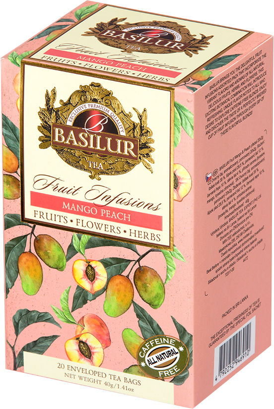 Opakowanie herbaty Basilur Mango Peach – naturalna herbata owocowa z mango i brzoskwinią.