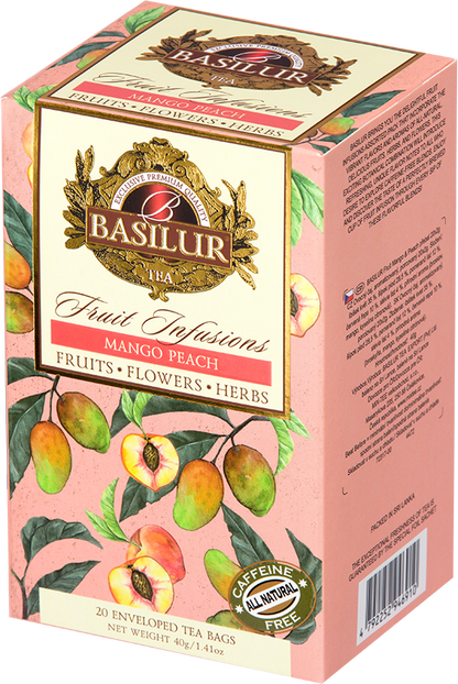 Opakowanie herbaty Basilur Mango Peach – naturalna herbata owocowa z mango i brzoskwinią.
