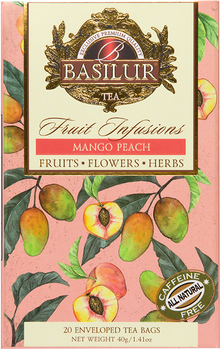 Front opakowania Basilur Mango Peach – herbata z mango i brzoskwinią z kolekcji Fruit Infusions.