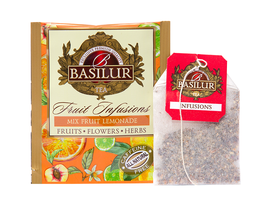 Saszetka i torebka herbaty Basilur Mix Fruit Lemonade – owocowa herbata bez kofeiny.
