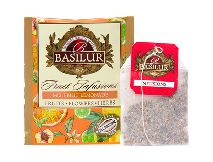 Saszetka i torebka herbaty Basilur Mix Fruit Lemonade – owocowa herbata bez kofeiny.