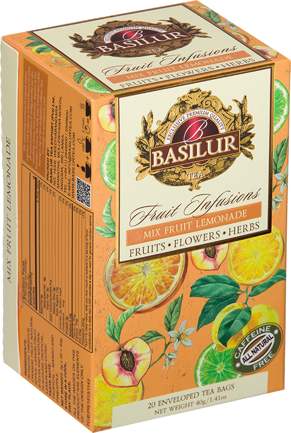 Bok opakowania Basilur Mix Fruit Lemonade z opisem i składem naparu owocowego.