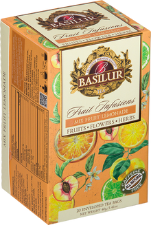 Bok opakowania Basilur Mix Fruit Lemonade z opisem i składem naparu owocowego.