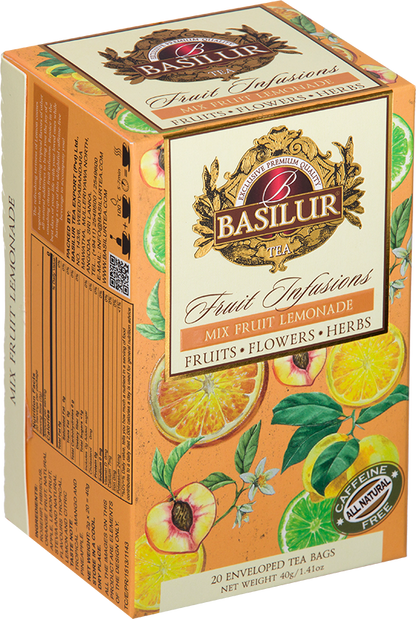 Bok opakowania Basilur Mix Fruit Lemonade z opisem i składem naparu owocowego.