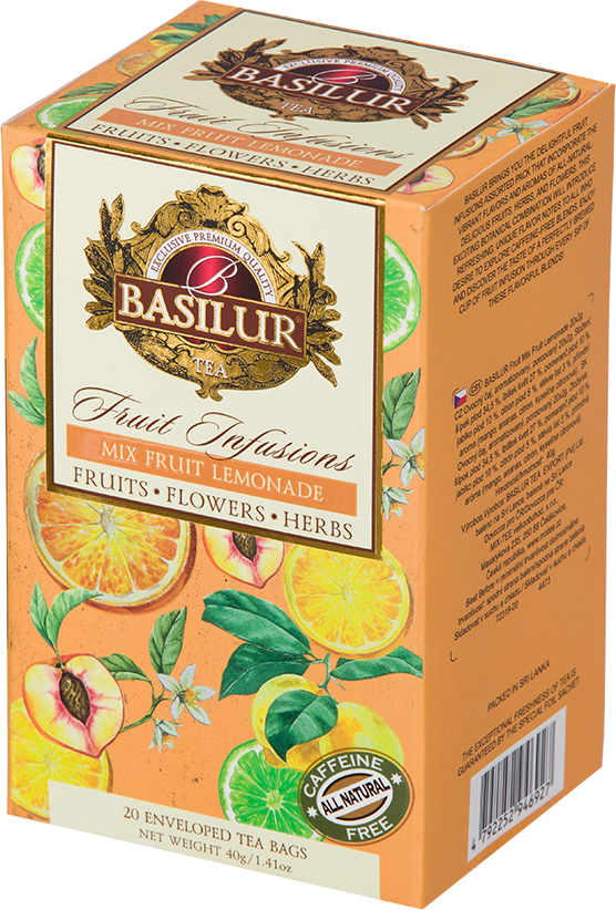Opakowanie herbaty Basilur Mix Fruit Lemonade – naturalna herbata z cytrusami i owocami.