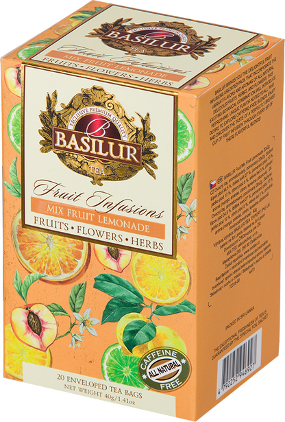 Opakowanie herbaty Basilur Mix Fruit Lemonade – naturalna herbata z cytrusami i owocami.