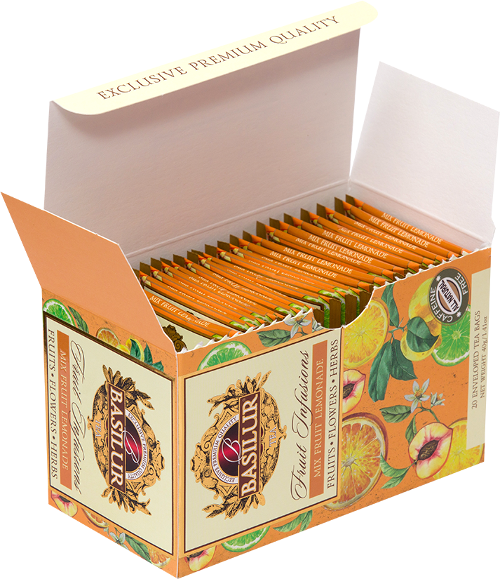 Otwarta herbata Basilur Mix Fruit Lemonade z widocznymi pomarańczowymi kopertkami.