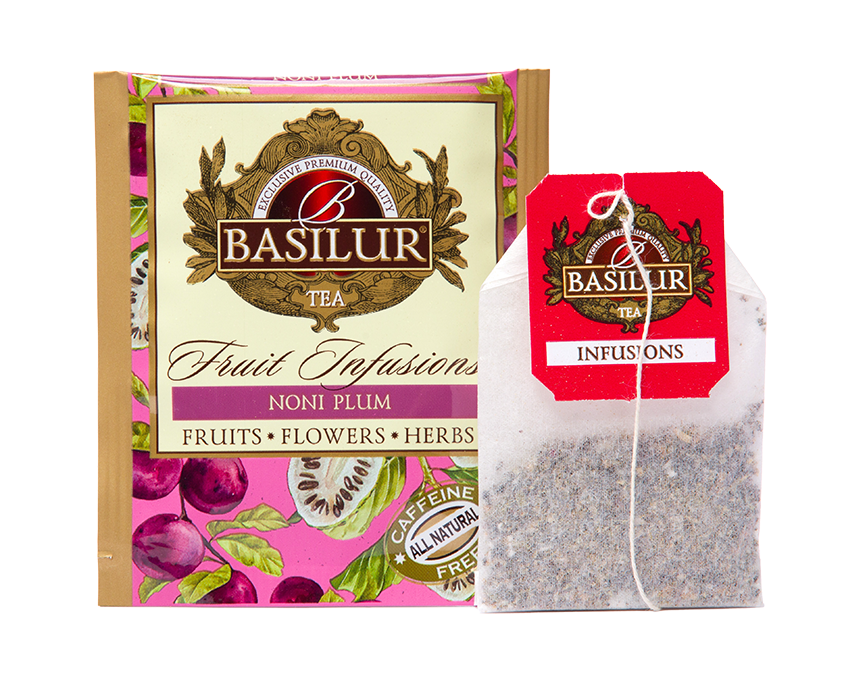 Saszetka i torebka herbaty Basilur Noni Plum – aromatyczna herbata owocowa z noni i śliwką.