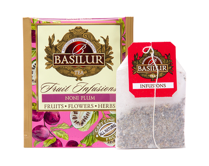 Saszetka i torebka herbaty Basilur Noni Plum – aromatyczna herbata owocowa z noni i śliwką.