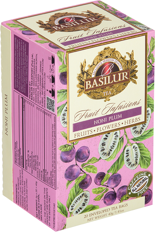Bok opakowania Basilur Noni Plum z opisem i składem herbaty owocowo-ziołowej.