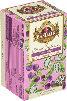 Bok opakowania Basilur Noni Plum z opisem i składem herbaty owocowo-ziołowej.
