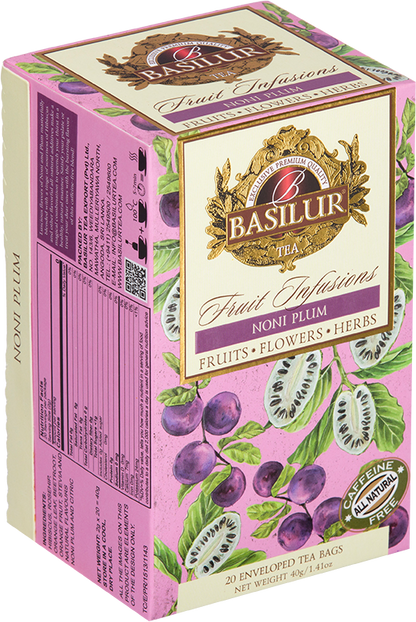 Bok opakowania Basilur Noni Plum z opisem i składem herbaty owocowo-ziołowej.