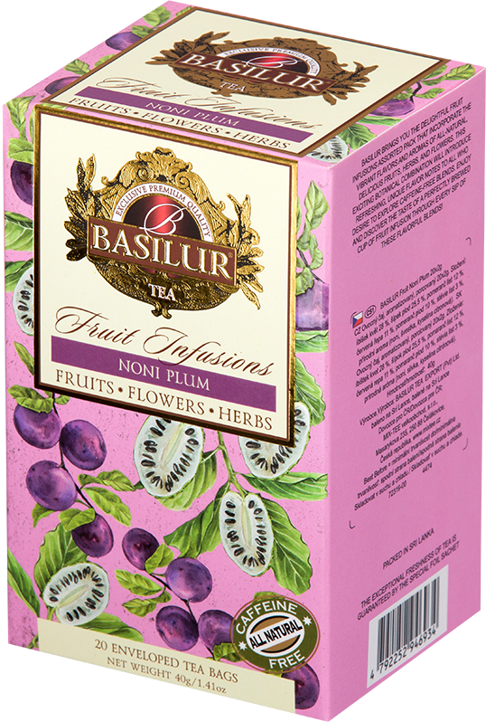 Opakowanie herbaty Basilur Noni Plum – naturalna herbata z owoców noni i śliwki.