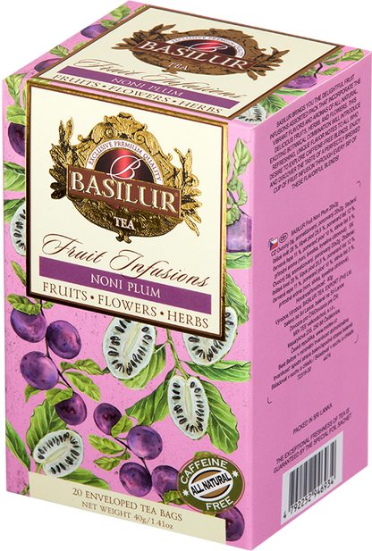 Opakowanie herbaty Basilur Noni Plum – naturalna herbata z owoców noni i śliwki.