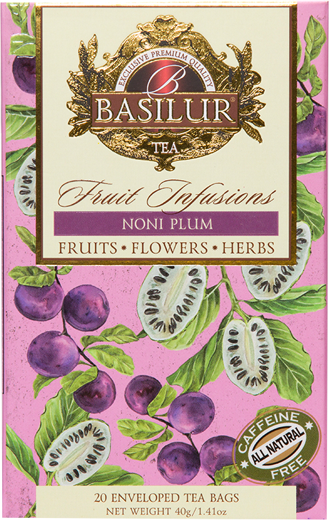 Front opakowania Basilur Noni Plum – owocowa herbata bez kofeiny z kolekcji Fruit Infusions.