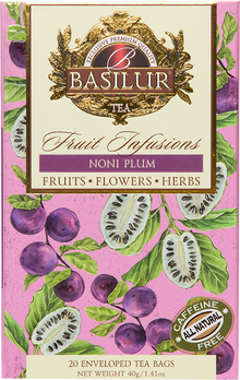 Front opakowania Basilur Noni Plum – owocowa herbata bez kofeiny z kolekcji Fruit Infusions.
