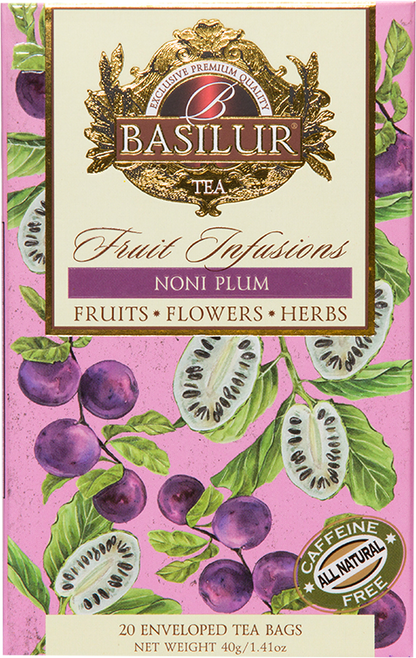 Front opakowania Basilur Noni Plum – owocowa herbata bez kofeiny z kolekcji Fruit Infusions.