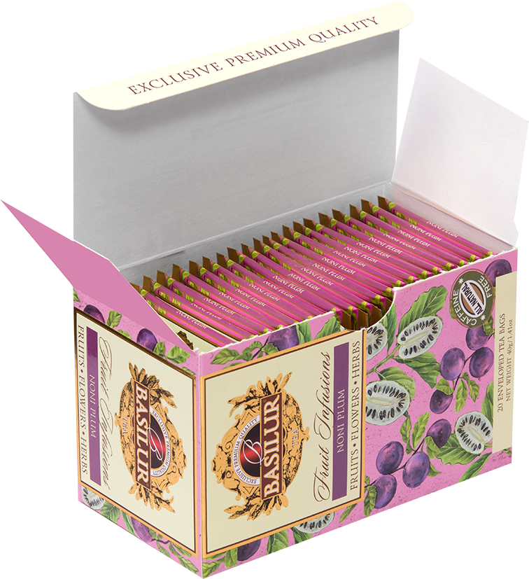 Otwarta herbata Basilur Noni Plum z widocznymi różowymi kopertkami.