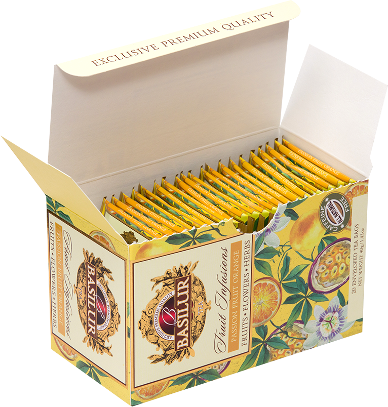 Otwarta herbata Basilur Passion Fruit Orange z żółtymi kopertkami – owocowa herbata bez kofeiny.