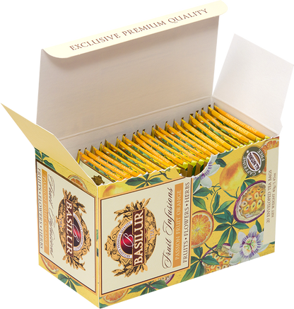 Otwarta herbata Basilur Passion Fruit Orange z żółtymi kopertkami – owocowa herbata bez kofeiny.